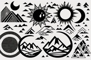 Mountains on one side with the moon, ocean in the other with the sun divided by a line tattoo idea