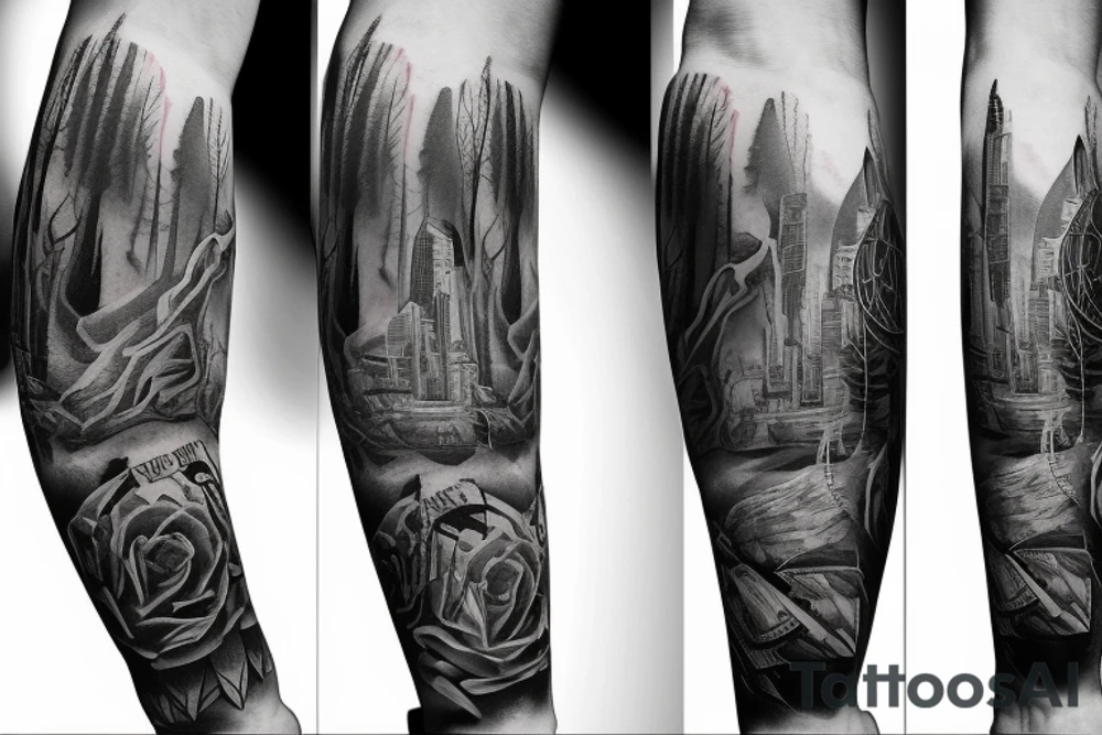 Forearm half sleeve tattoo, Urban city vs woods tattoo idea