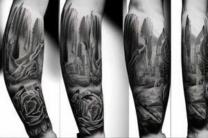 Forearm half sleeve tattoo, Urban city vs woods tattoo idea