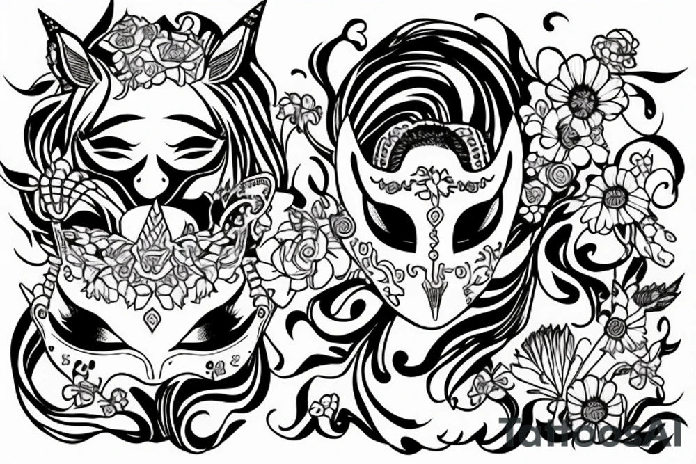 a unicorn in a mask jumps on a chamomile field tattoo idea