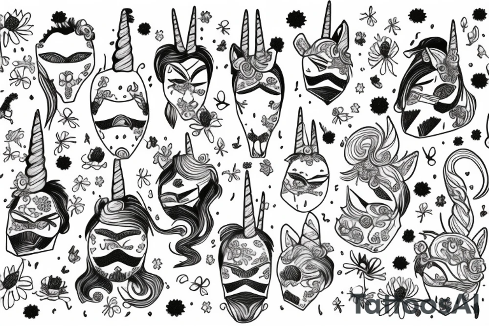 a unicorn in a mask jumps on a chamomile field tattoo idea
