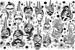 a unicorn in a mask jumps on a chamomile field tattoo idea