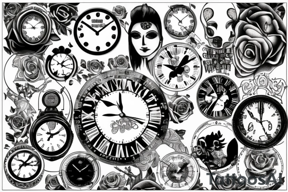 Clock and rose tattoo idea