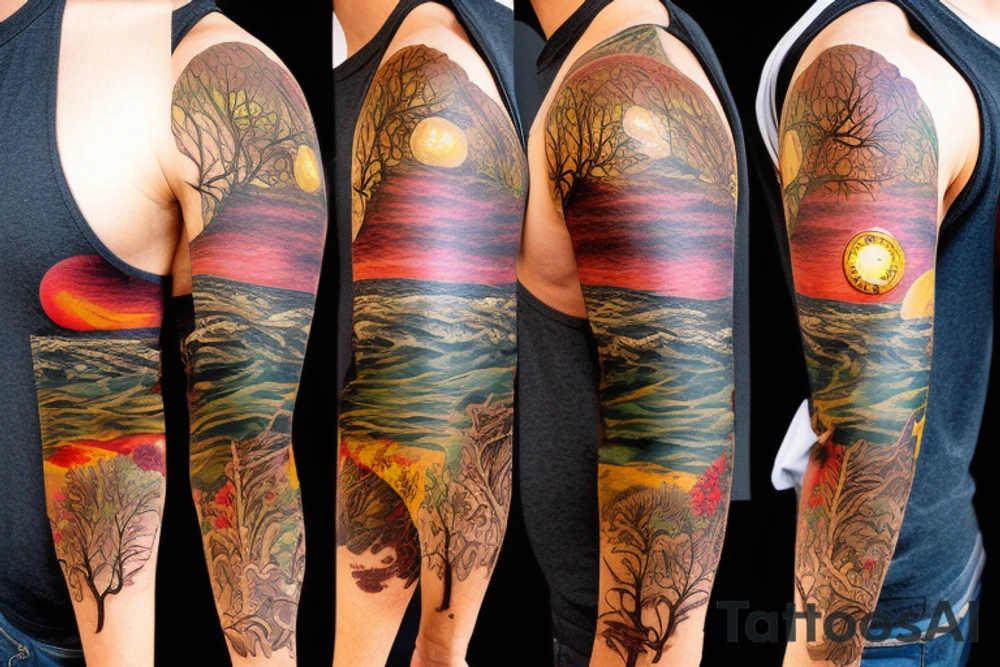 Full sleeve dark forest and sunset beach with old clock and some other random old school details tattoo idea