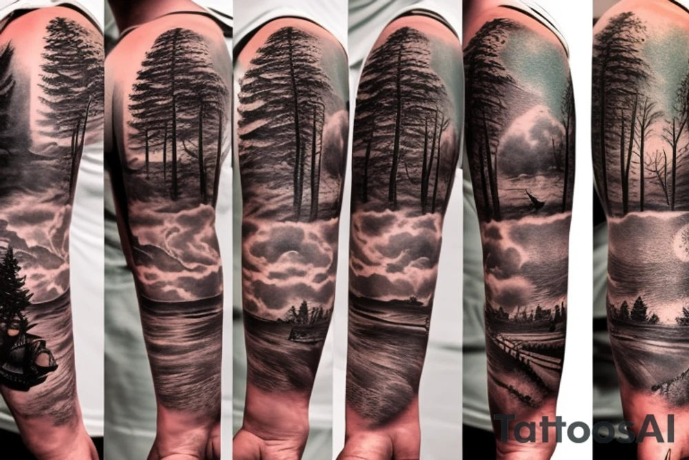 Full sleeve dark forest and sunset beach with old clock and some other random old school details tattoo idea