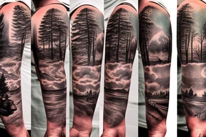 Full sleeve dark forest and sunset beach with old clock and some other random old school details tattoo idea