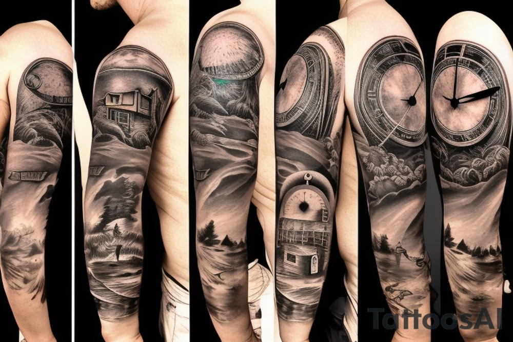 Full sleeve dark forest and sunset beach with old clock and eyes with blinking effect a man riding a dark horse tattoo idea