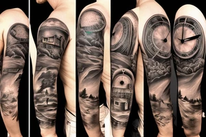 Full sleeve dark forest and sunset beach with old clock and eyes with blinking effect a man riding a dark horse tattoo idea