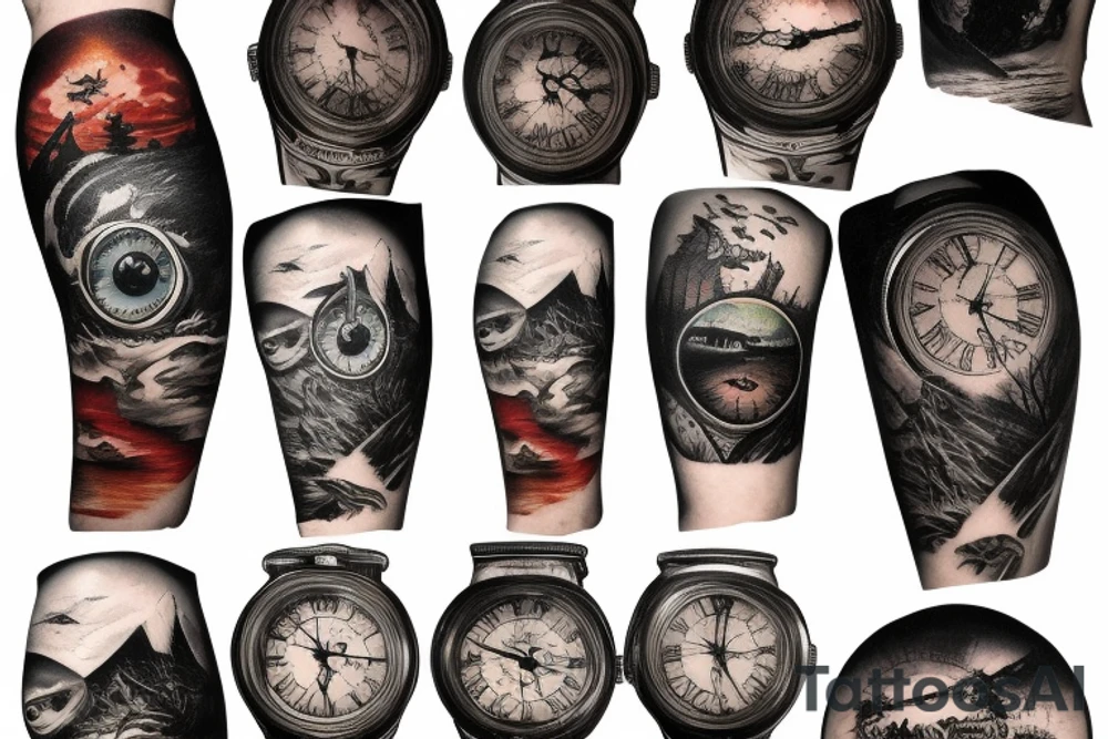 Full sleeve dark forest and sunset beach with old clock and eyes with blinking effect a man riding a dark horse tattoo idea
