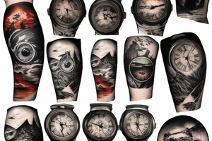 Full sleeve dark forest and sunset beach with old clock and eyes with blinking effect a man riding a dark horse tattoo idea