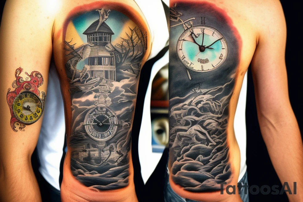 Full sleeve dark forest and sunset beach with old clock and eyes with blinking effect a man riding a dark horse tattoo idea