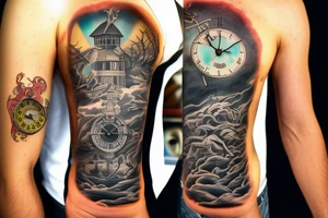 Full sleeve dark forest and sunset beach with old clock and eyes with blinking effect a man riding a dark horse tattoo idea