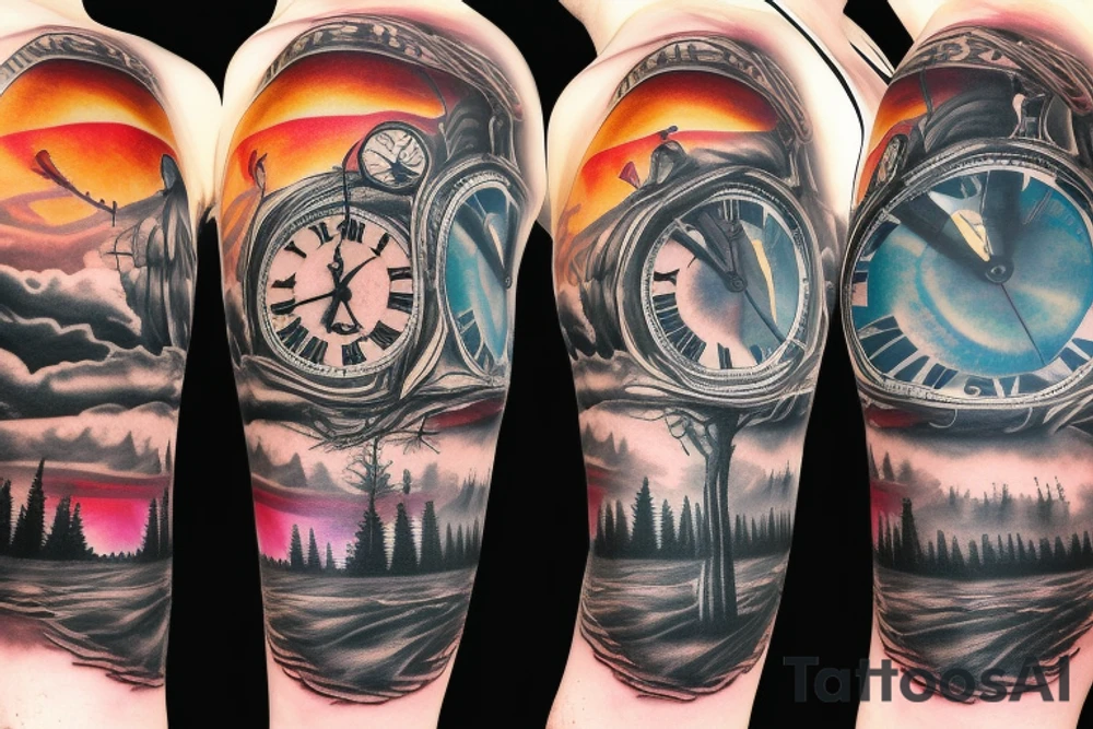 Full sleeve dark forest and sunset beach with old clock and eyes with blinking effect a man riding a dark horse tattoo idea
