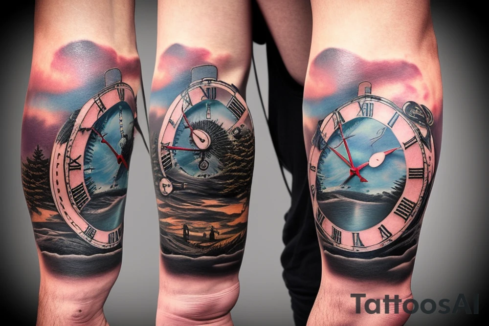 Full sleeve dark forest and sunset beach with old clock and eyes with blinking effect a man riding a dark horse tattoo idea