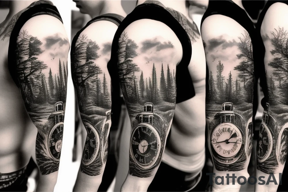 Full sleeve dark forest and sunset beach with old clock and eyes with blinking effect a man riding a dark horse tattoo idea