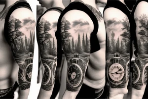 Full sleeve dark forest and sunset beach with old clock and eyes with blinking effect a man riding a dark horse tattoo idea
