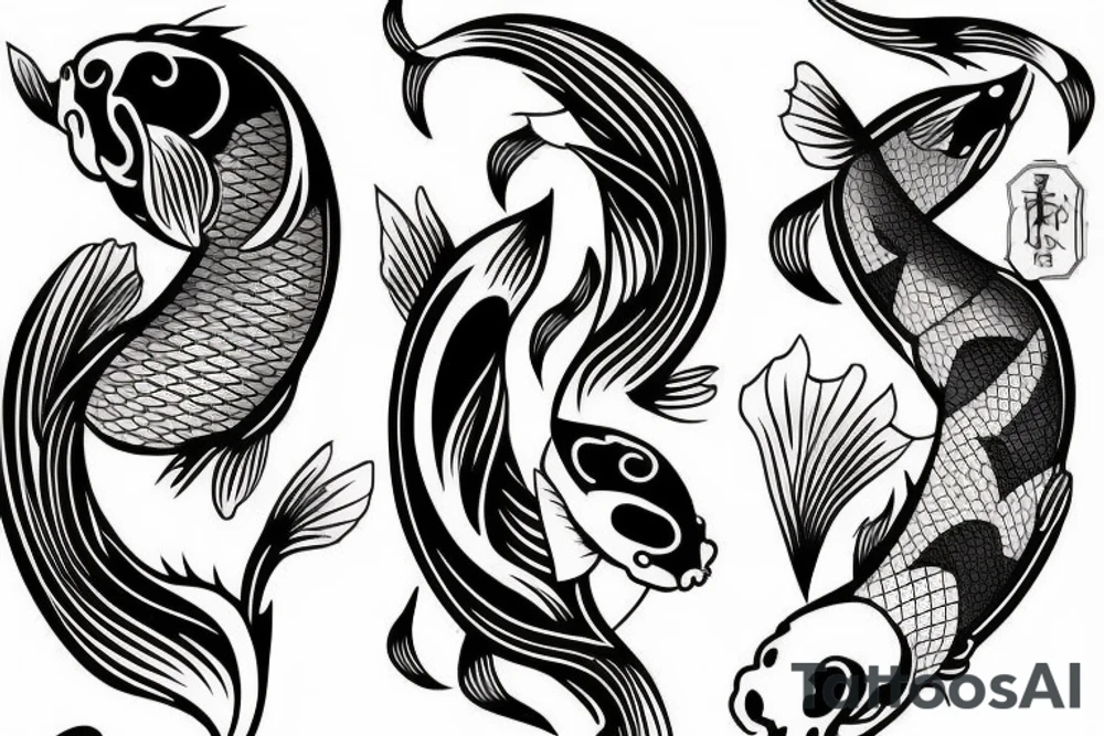 vertical composition with smooth lines, koi carps, bats, gothic, heart tattoo idea
