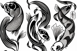vertical composition with smooth lines, koi carps, bats, gothic, heart tattoo idea