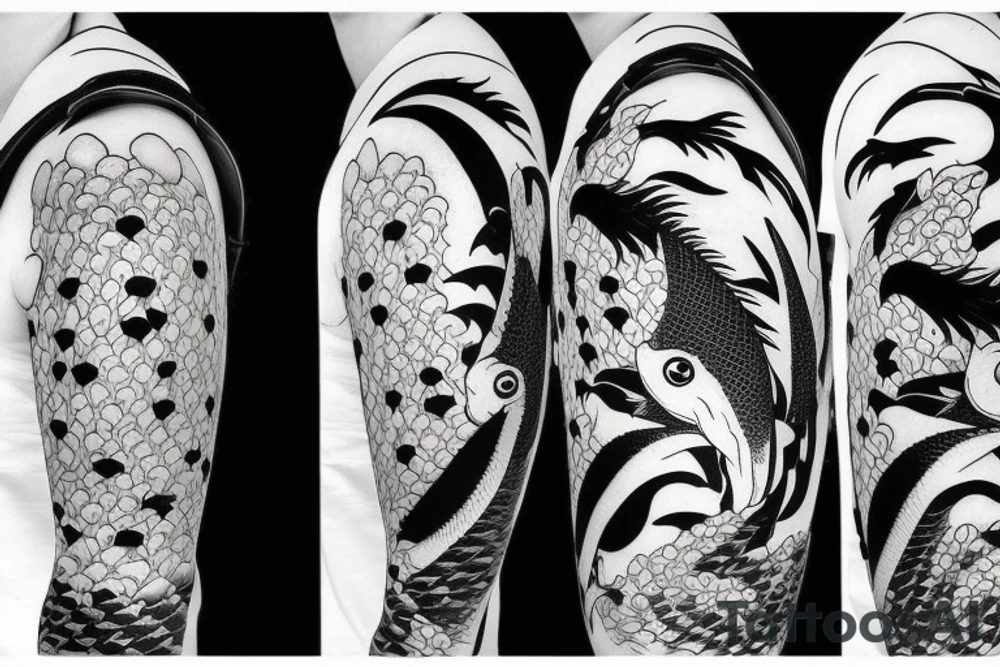 vertical composition with smooth lines, koi carps, bats, gothic, heart tattoo idea vertical composition with smooth lines, koi carps, bats, gothic, heart tattoo idea
