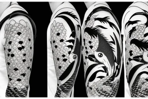 vertical composition with smooth lines, koi carps, bats, gothic, heart tattoo idea
