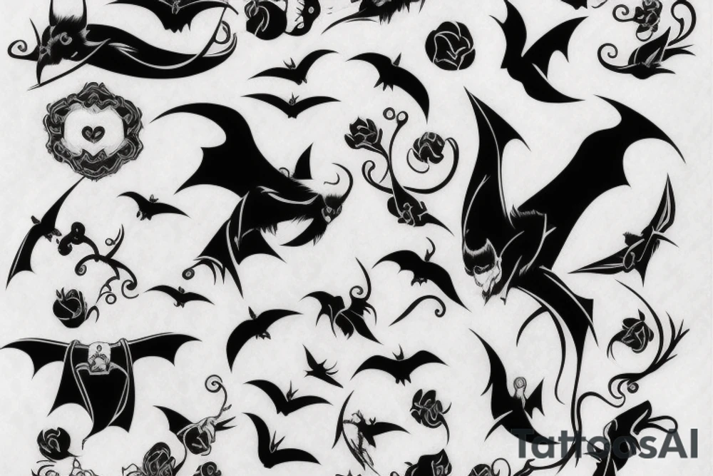 vertical composition with smooth lines, bats, gothic, heart tattoo idea vertical composition with smooth lines, bats, gothic, heart tattoo idea