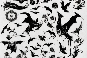 vertical composition with smooth lines, bats, gothic, heart tattoo idea