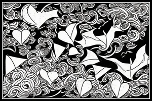 vertical composition with smooth lines, bats, gothic, heart tattoo idea