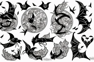vertical composition, lines, bats, gothic, heart tattoo idea