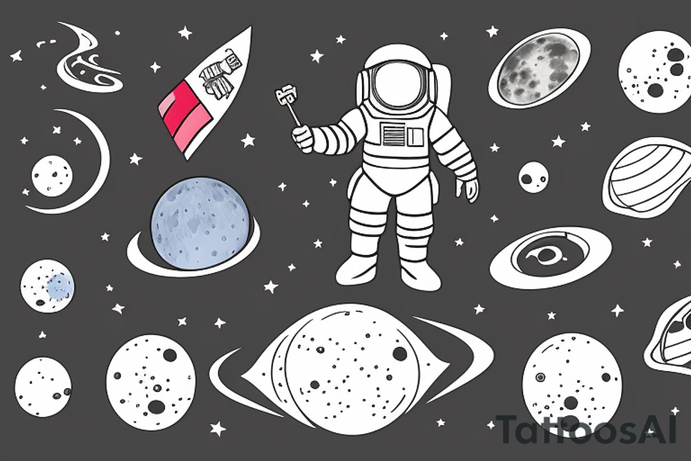 astronaut holding a corner flag and standing on the surface of the moon tattoo idea