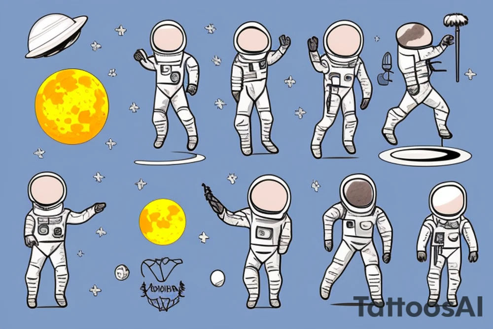astronaut holding a corner flag and standing on the surface of the moon tattoo idea
