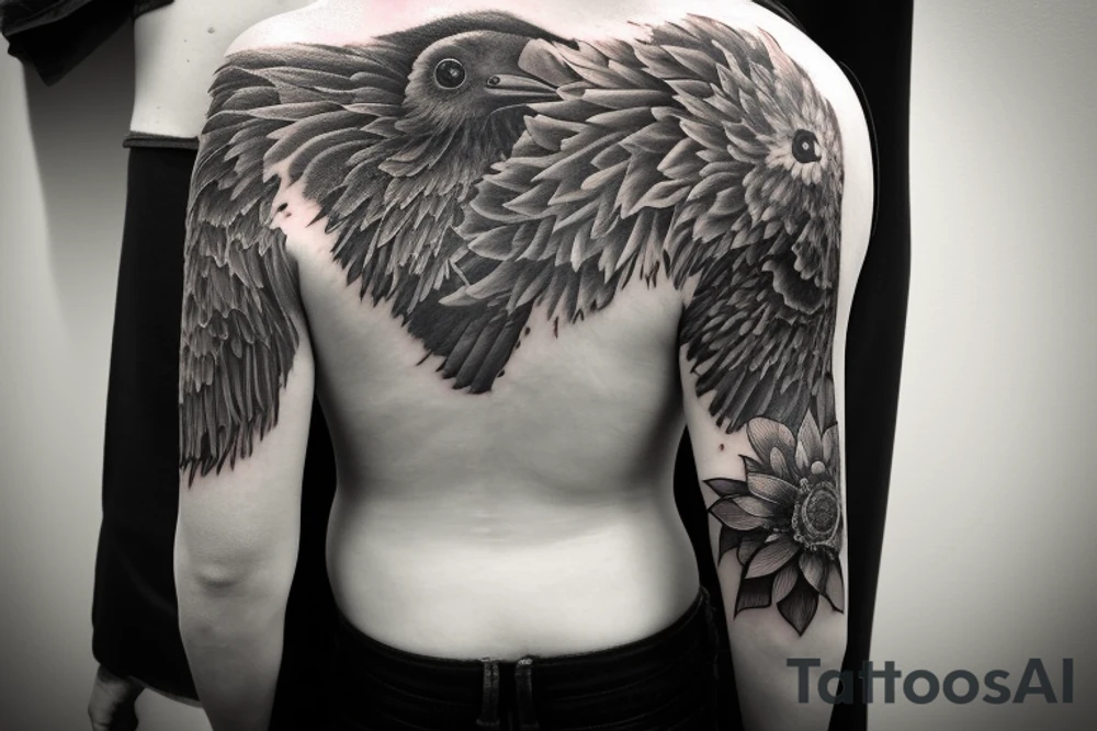 Black and grey tattoo exploring the duality of man. On one half, there are the things associated positively, like light, freedom, flowers growing, sun, dove etc. and on the other half, there are the things associated more negatively, like darkness, captivity, flowers fitting, night, raven etc. Together, they form a complete whole.

Below this, there should be text reading "I'm only visiting" tattoo idea