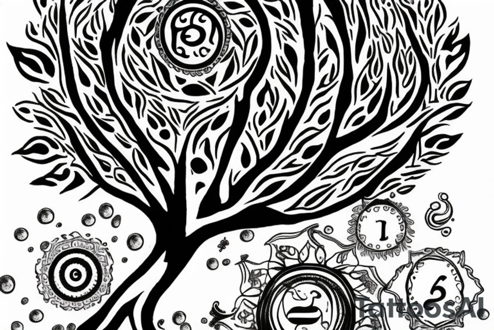 a tree with 7 chakra mark on it half dry tattoo idea