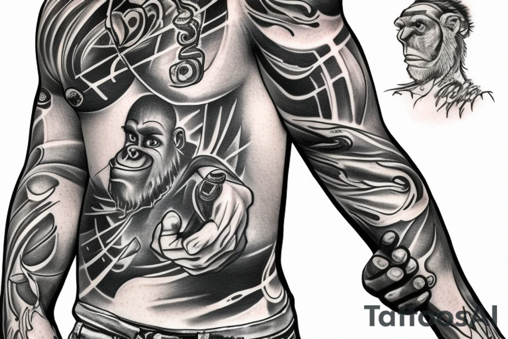 ape holding light in his hand pointing at the sky tattoo idea