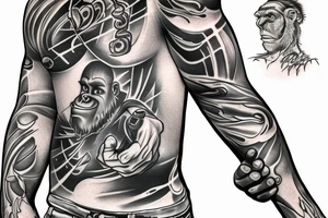 ape holding light in his hand pointing at the sky tattoo idea
