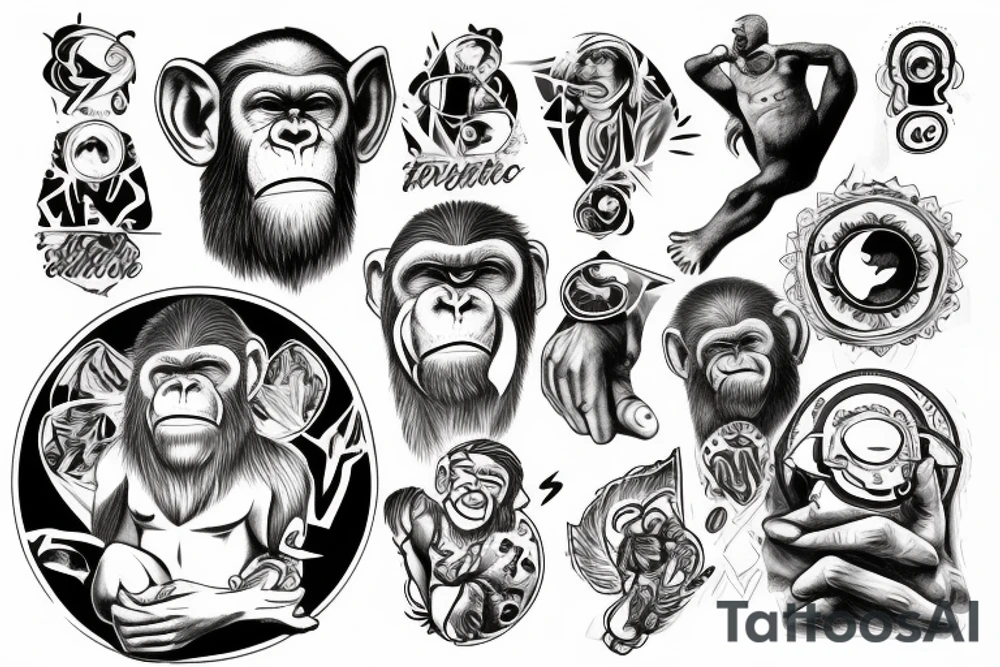 ape holding esoteric light in his hand pointing at the sky tattoo idea