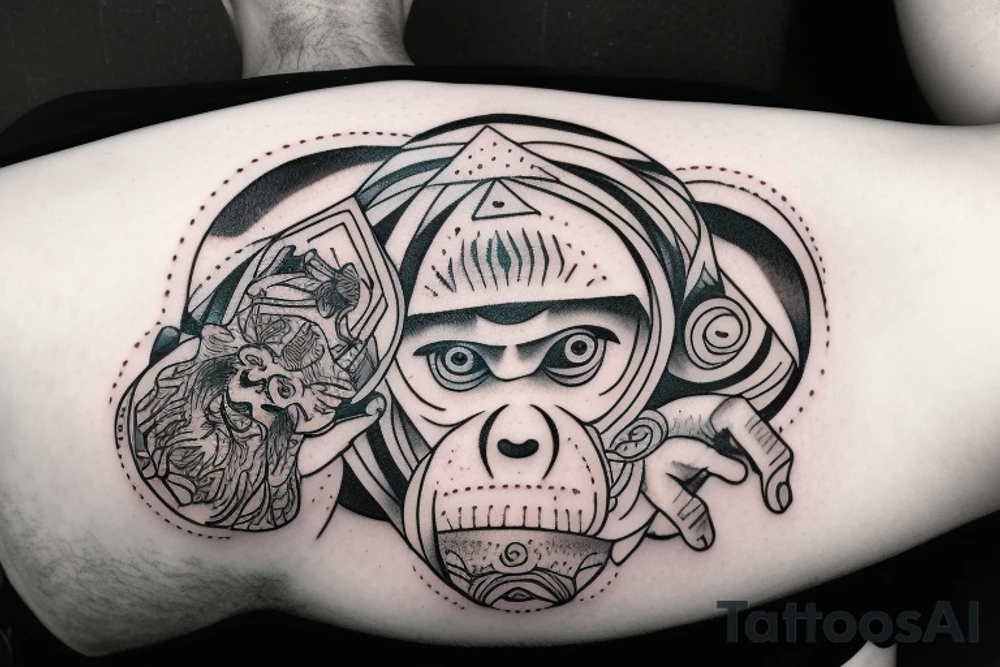 ape holding esoteric light in his hand pointing at the sky tattoo idea
