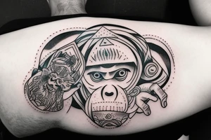 ape holding esoteric light in his hand pointing at the sky tattoo idea