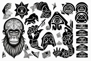 ape holding esoteric light in his hand pointing at the sky tattoo idea