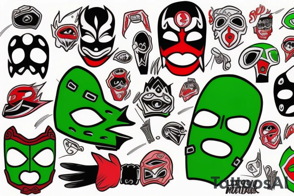 A green luchador mask and a red and black luchador mask tattoo idea