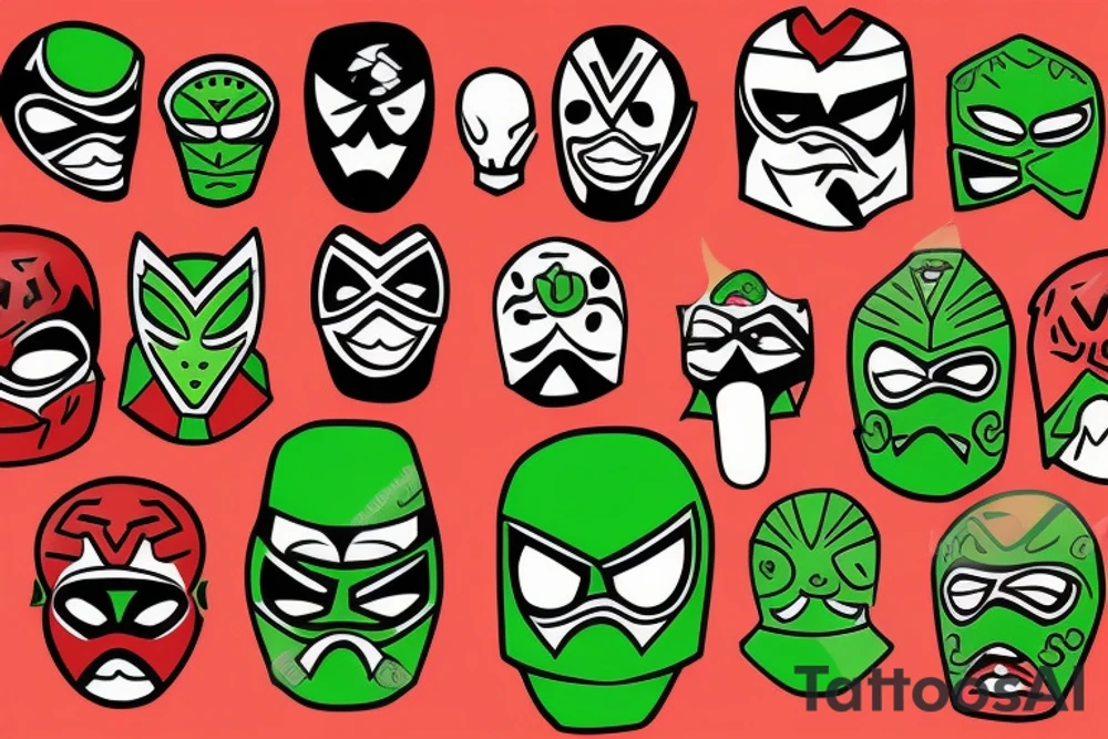 A green luchador mask and a red and black luchador mask tattoo idea