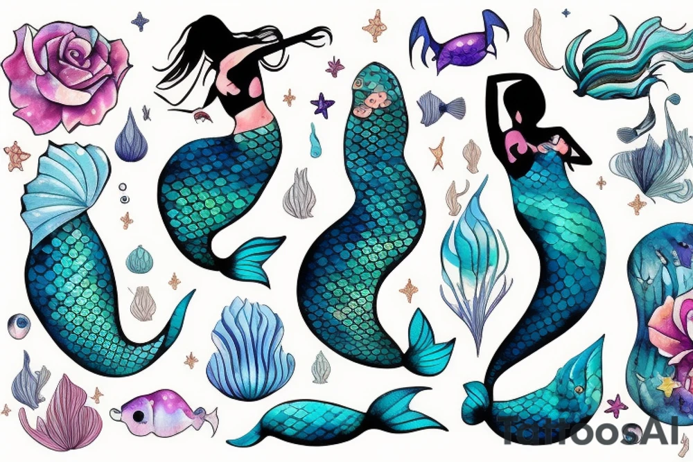 Mermaid playful pose realistic tattoo idea