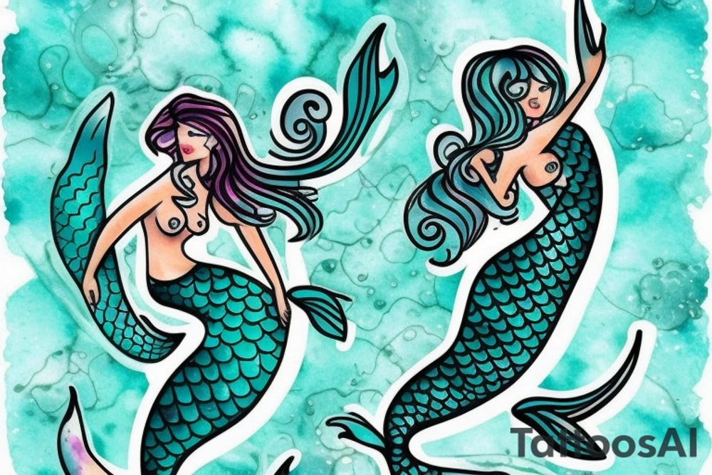Mermaid playful pose realistic sexy jade turquoise anchor tattoo idea