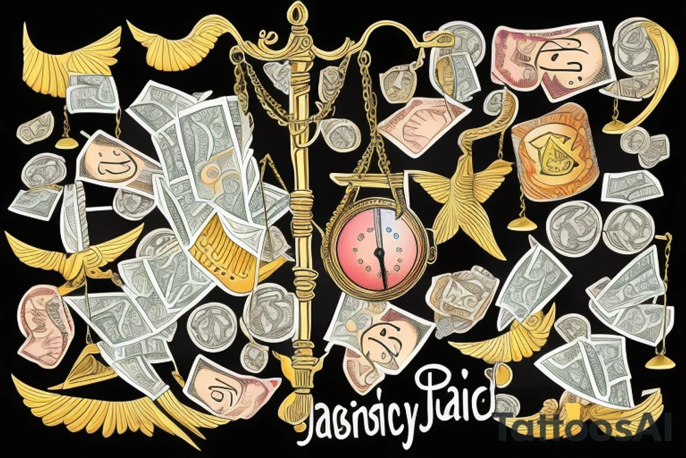 Unbalanced scales of justice with money on one side and happiness on the other tattoo idea