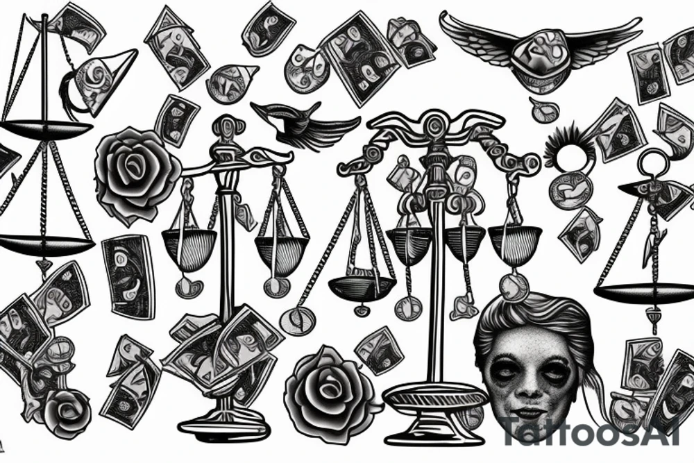 Unbalanced scales of justice with money on one side and happiness on the other tattoo idea