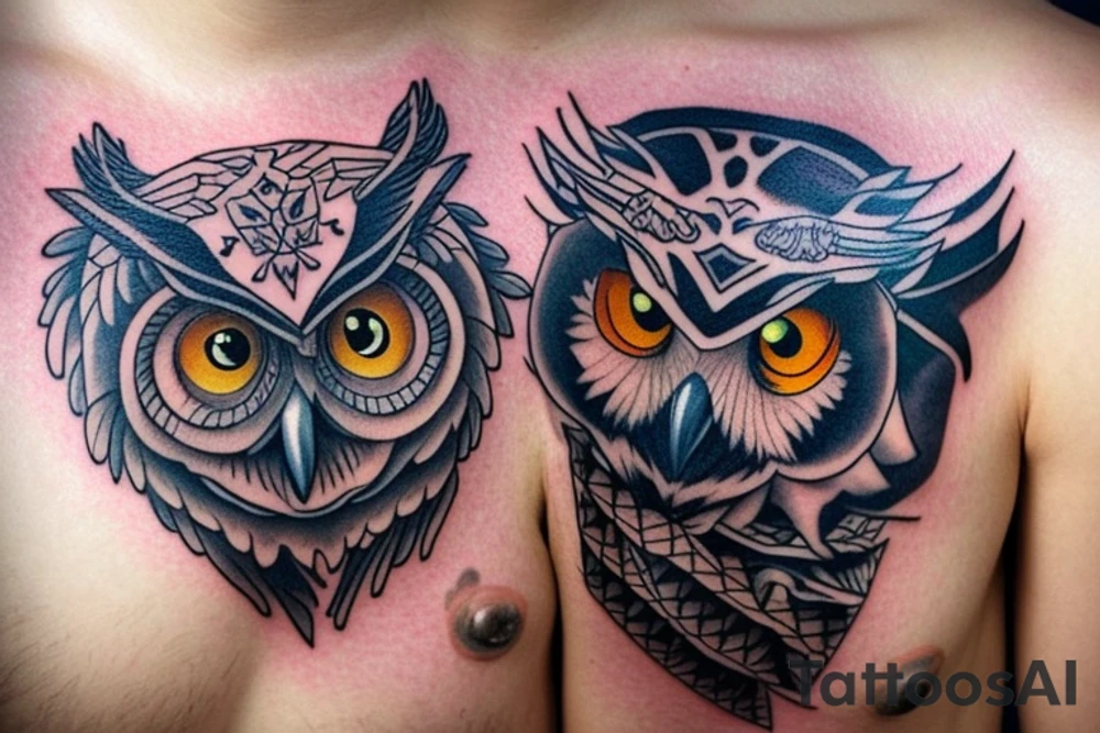owl on the chest in the style of neotrad tattoo idea