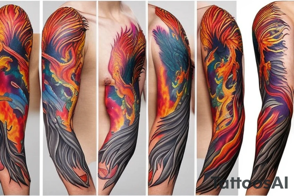 Full sleeve phoenix including fire and nature tattoo idea