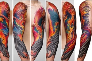 Full sleeve phoenix including fire and nature tattoo idea