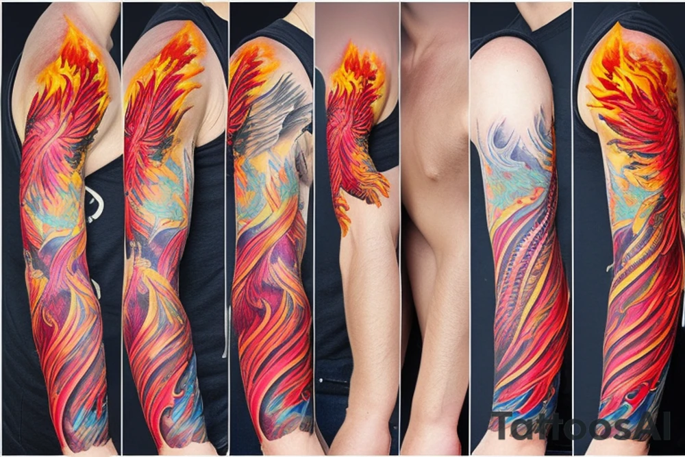 Full sleeve phoenix including fire and nature tattoo idea