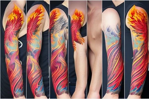 Full sleeve phoenix including fire and nature tattoo idea