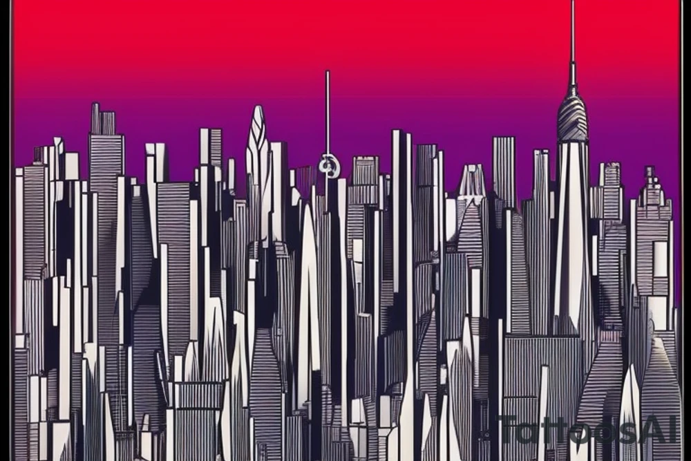 Minimalist landscape of a big futuristic city with skyscrapers inspired on Metropolis film poster. It should contain a futuristic bridge (small)  and be inspired in New York, Tokyo and Seoul. It should have techno vibes. There should be an alein planet above the city and also a human body being abducted. tattoo idea